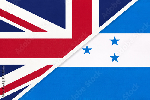 United Kingdom vs Honduras national flag from textile. Relationship between two european and american countries.