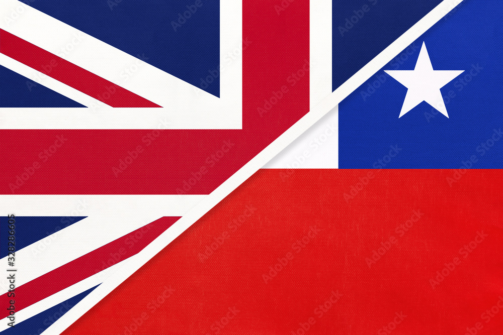 United Kingdom vs Chile national flag from textile. Relationship between two european and american countries. United Kingdom vs Chile national flag from textile. Relationship between two european and american countries.