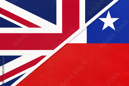 United Kingdom vs Chile national flag from textile. Relationship between two european and american countries.