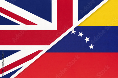 United Kingdom vs Venezuela national flag from textile. Relationship between two european and american countries.