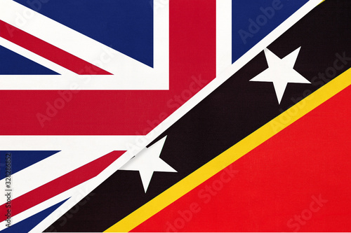 United Kingdom vs Saint Kitts and Nevis national flag from textile. Relationship between two countries.