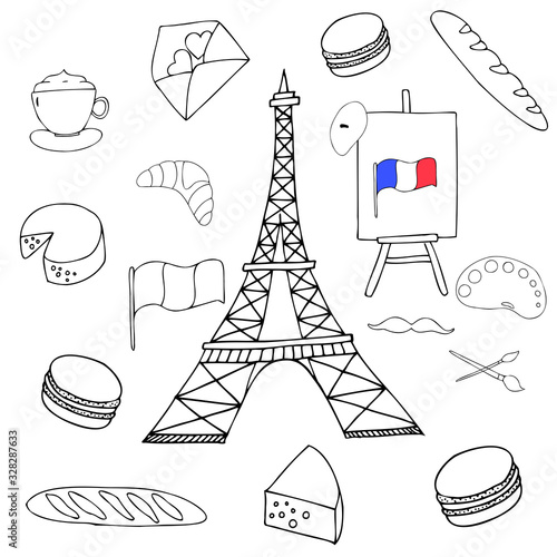 Set of hand drawn Paris elements, simple Tour Eiffel doodle, vector illustration with France theme, travel concept