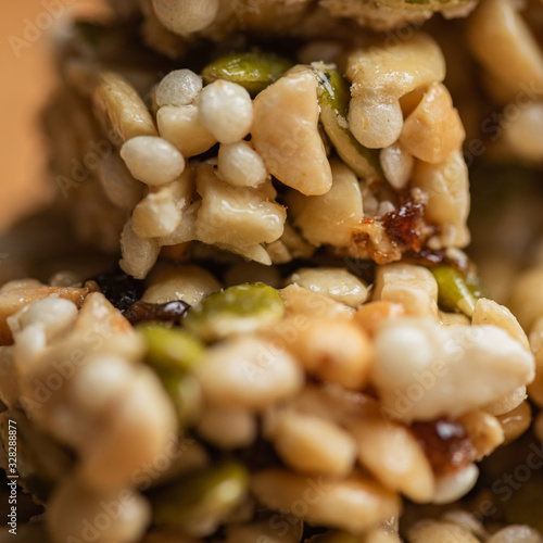 The combination of nuts is on the wooden table