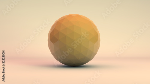 3D rendering of a yellow polygon ball on a yellow background. The balloon is isolated. Low poly style.