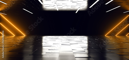 Elegant Futuristic Sci Fi Modern Dark Empty Room With Tiled Metal Floor Roof With Led Lights Orange White Neon Glowing Light Tubes 3D Rendering