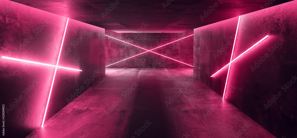 Modern Futuristic Sci Fi Concept Club Background Grunge Concrete Empty Dark Room With Neon Glowing Classic Pantone Purple Pink Red Neon Lights 3D Rendering