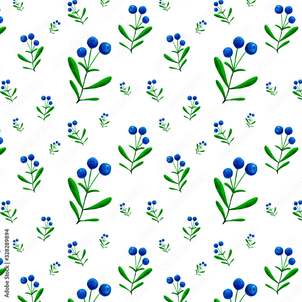  Pattern of green leaves and berries for fabric or paper. Watercolor illustration drawn by hand.