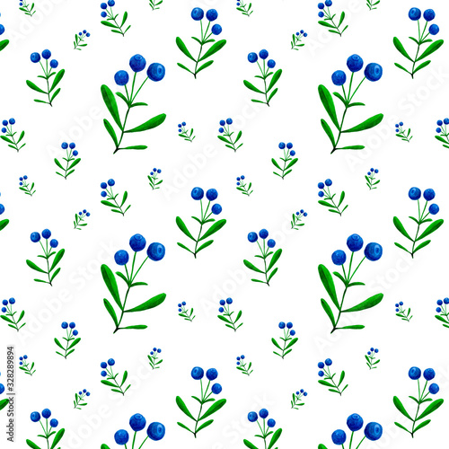  Pattern of green leaves and berries for fabric or paper. Watercolor illustration drawn by hand.