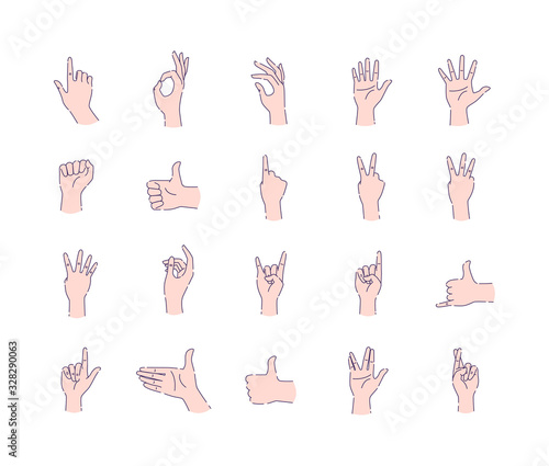 Different hands gestures of human line icons set. Pictograms for web page, mobile app, promo. UI UX GUI design elements. Editable stroke.
