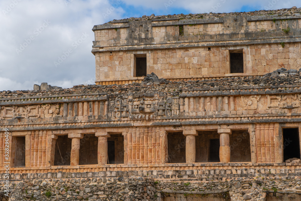 Fragment of the Great Palace in Sayil Maya archaeological site. Yucatan. Mexico.