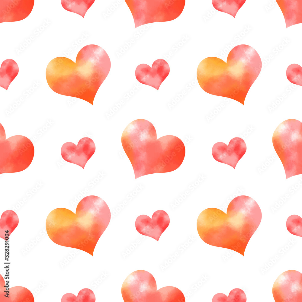 Lovely pattern with red and orange watercolor hearts on the white background. Seamless ornament for packaging, wrapping paper, scrapbook, textile, diaper