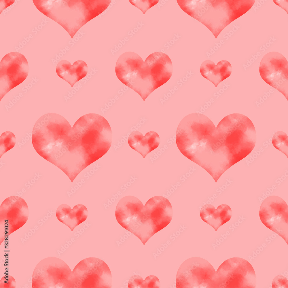 Watercolor seamless pattern with red hearts. Romantic ornament for packaging, wrapping paper, scrapbook, textile, diaper