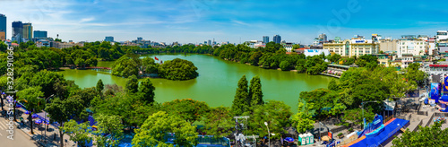 Hanoi, Vietnam - 22nd June 2019: Aerial view of Hoan Kiem Lake with its surrounding buildings, in Hanoi Old Quarter, Vietnam; at a bright sunny morning.