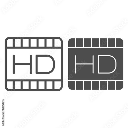 High dimension film line and solid icon. Video with HD quality extension symbol, outline style pictogram on white background. Multimedia sign for mobile concept and web design. Vector graphics.