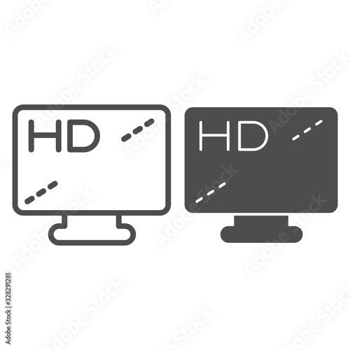 High dimension monitor screen line and solid icon. High quality device display with stand symbol, outline style pictogram on white. Multimedia sign for mobile concept and web design. Vector graphics.