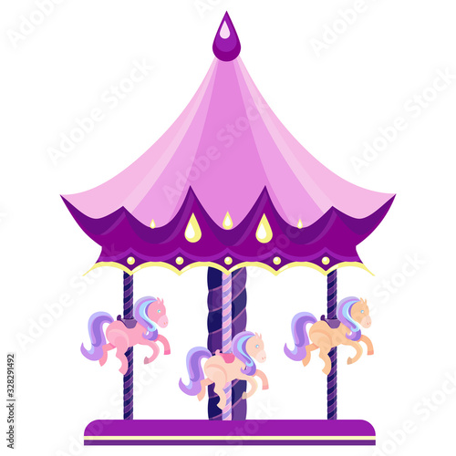 Colorful children's carousel with horses. Illustration in flat style isolated on white background.