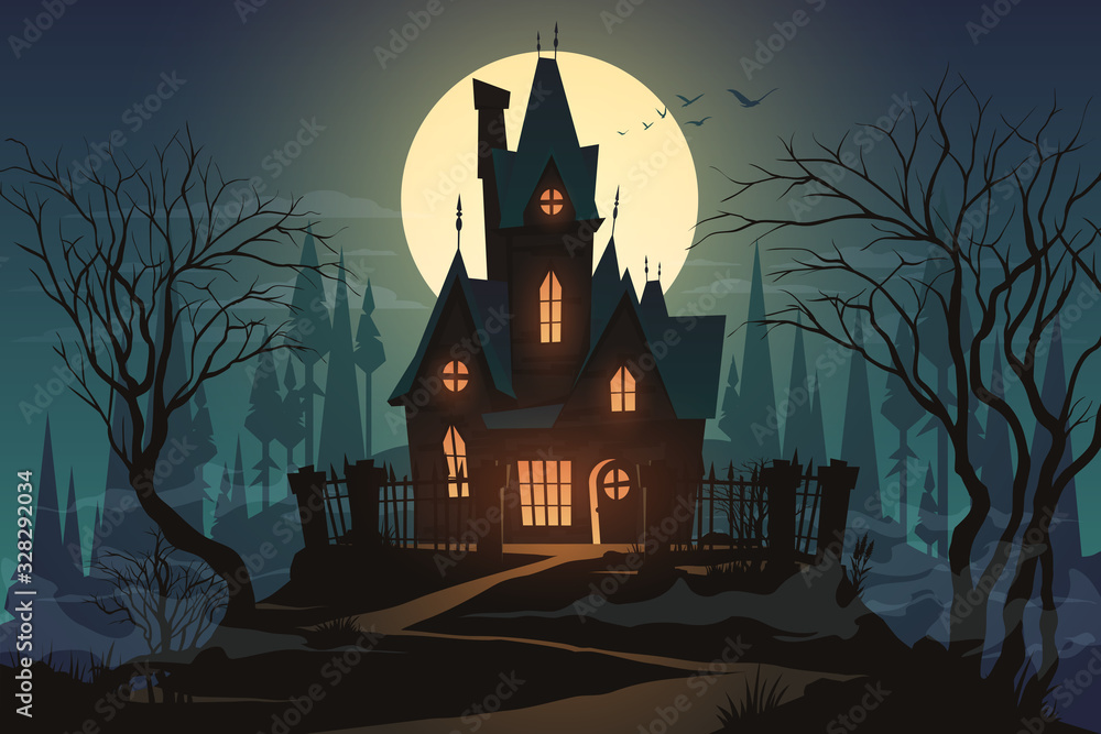 Dark halloween house with moon - obrazy, fototapety, plakaty 