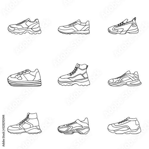 Set of sneakers vector Icon. Linear black shoes on white Background.Simple illustration of fitness and sport  gym shoe. Sign shop graphics