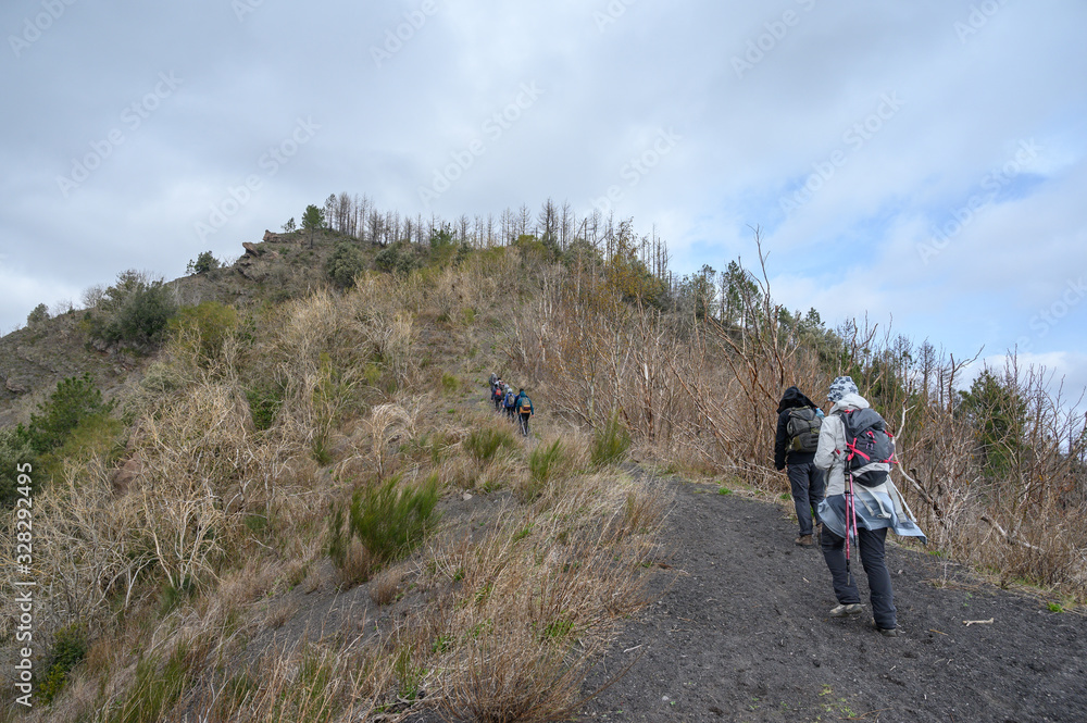 Mount Somma, Naples / Italy - March 2020: Trekking on Mount Somma, visiting the burnt area and the quary.