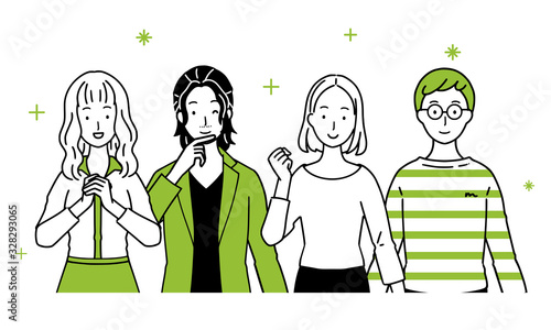 Illustration where men and women are lined up.