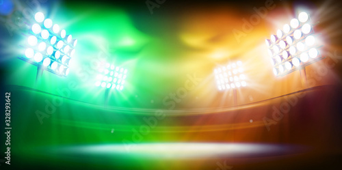 Show on stage. Bright floodlights illuminating the sports stadium. Colorful background. Sports games. Abstract vector illustration.