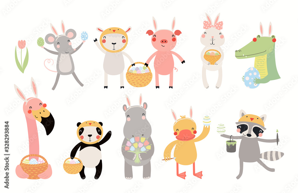 Obraz premium Big Easter set with cute animals, eggs, flowers. Isolated objects on white background. Hand drawn vector illustration. Scandinavian style flat design. Concept for children holiday print, card, invite.