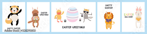 Collection of Easter greeting cards with cute animals, eggs, flowers, text. Hand drawn vector illustration. Scandinavian style flat design. Concept for children holiday print, invite, gift tag, banner