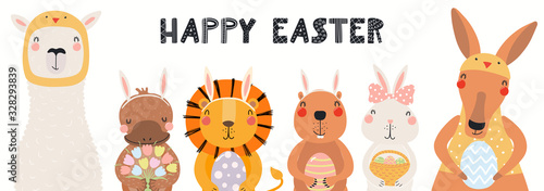 Hand drawn card, banner with cute animals, eggs, text Happy Easter. Vector illustration. Isolated on white background. Scandinavian style flat design. Concept for kids holiday print, invite, gift tag.
