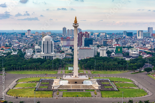 Fotografie Jakarta, Indonesia - 19th February 2019: Aerial view of Tugu Monas (Monumen Nasional) or National Monument