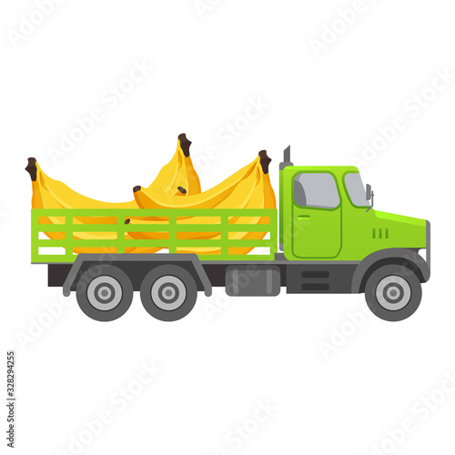 Food delivery truck fruits.Ripe banana harvesting .Ripe tropical fruit.Car illustration vector.