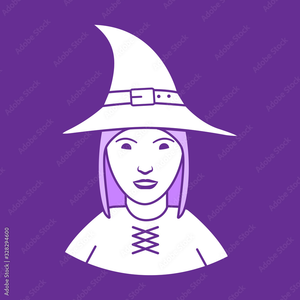 Witch icon in a hat. Halloween banner. Flat vector illustration.