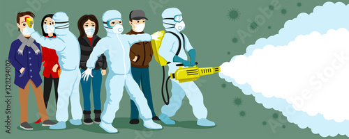 A group of people in protective medical masks and doctors in protective suits disinfect.