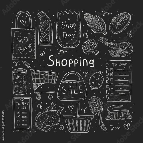 Shopping hand drawn doodle vector illustration, clip art. Chalk board drawings style. Isolated on dark background. Check list, chicken, broccoli, corn, shrimp, bread, pack, bag, basket, paper. 