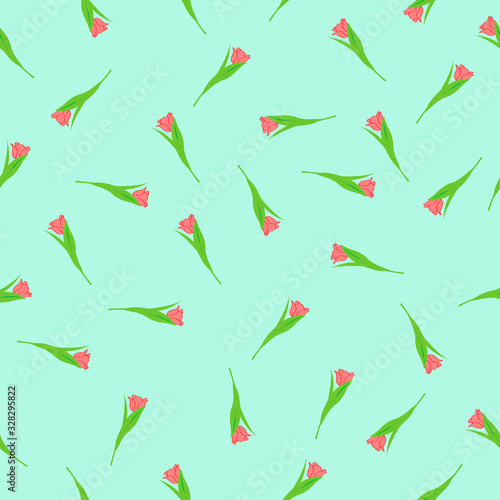 Hand drawn seamless pattern flowers with leaves. Flower isolated on color background. Botanical organic spring herb. Tulips in doodle style. Collection for cards and labels, books and banners.