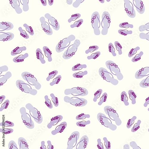 Flip flop shoe on seamless vector pattern background. Pretty sandals with tropical flower decoration oceanside backdrop. Pastel purple shades. Summer all over print for beach wedding resort concept.