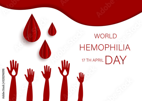 World Hemophilia Day card 17 april. Paper hands art Earth vector illustration contains red bleeding heart on red background. Medical concept in the care of patients with hemophilia