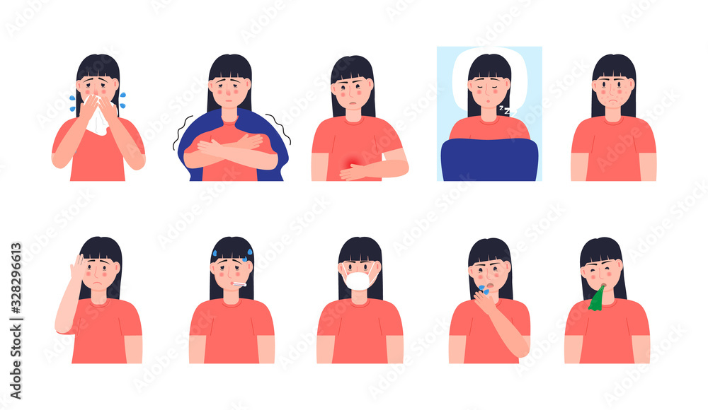 Sick girl coughing, sneezing. Set character vector of cold, flu, sore throat, measles. Illustrations of fever, allergy, headache, vomiting are isolated on white background Sick girl coughing, sneezing. Set character vector of cold, flu, sore throat, measles. Illustrations of fever, allergy, headache, vomiting are isolated on white background