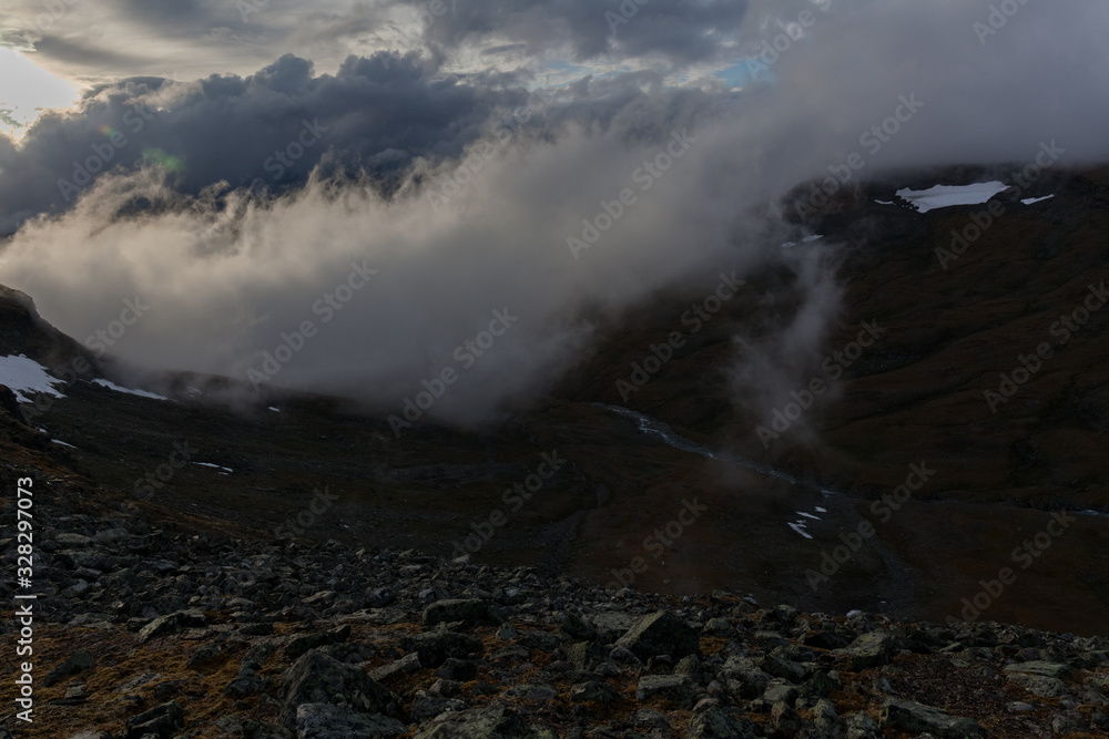 Sarek National Park in Lapland view from the mountain, autumn, Sweden, selective focus