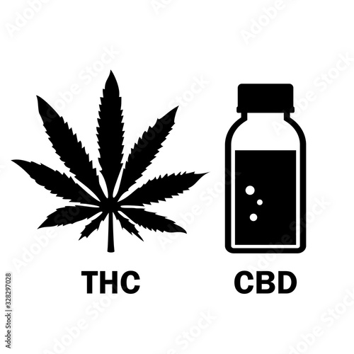 Cbd oil bottle and cannabis leaf icon