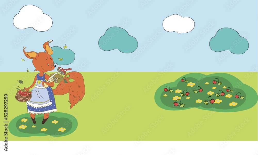 Obraz premium Cartoon drawing for kids. Puzzle, task, riddle for a magazine or children's book. Help the squirrel character reach the meadow with flowers. Squirrel with a basket of berries.