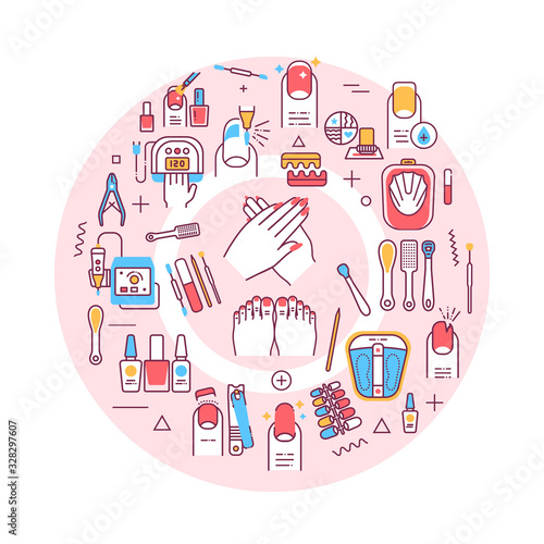 Nail service web banner. Manicure and pedicure procedures. Infographics with linear icons on red background. Creative idea concept. Isolated outline color illustration