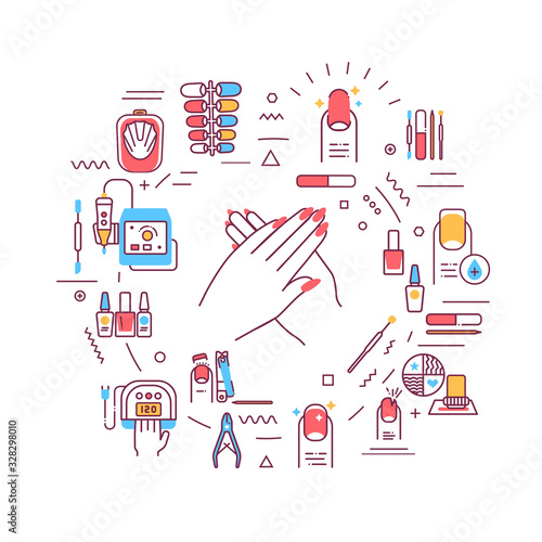 Nail service web banner. Manicure procedures. Infographics with linear icons on white background. Creative idea concept. Isolated outline color illustration