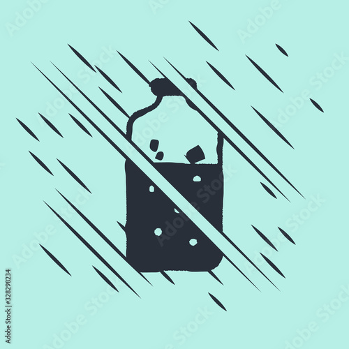 Black Mulled wine with ingredients icon isolated on green background. Cinnamon stick, clove, lemon slice. Glitch style. Vector Illustration