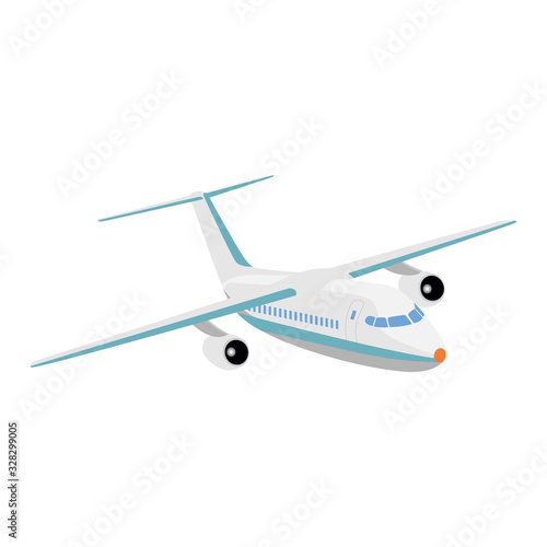 Flying passenger plane on a white background