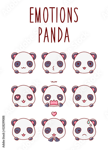 Set of emotions cute panda character face kawaii, isolated on white background flat hand drawn