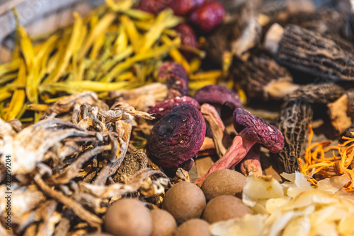 Wonderful ingredients, dried mushrooms in baskets