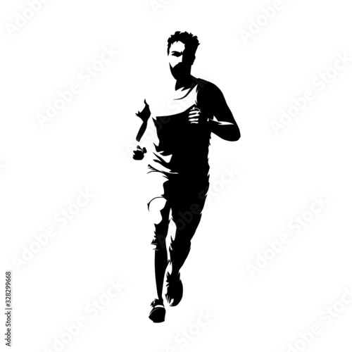 Running man, marathon run front view. Abstract vector silhouette
