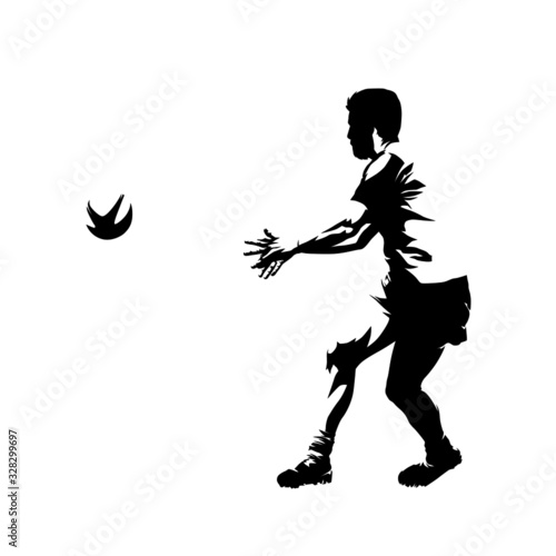Rugby player passing ball, abstract isolated vector silhouette, ink drawing