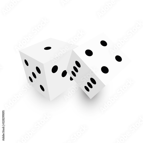 Two white dice with black dots. 3D vector object with dropped shadow