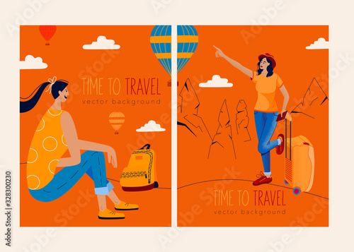 Bright travel illustration.Women traveler with backpack watching the hot air balloons at the hill of Goreme, Cappadocia, Turkey. Concept of discovery, exploration, hiking, adventure tourism and travel